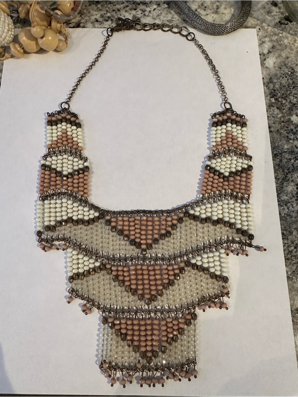 Beaded Statement Bib Necklace - Blush, White & Gold Tone